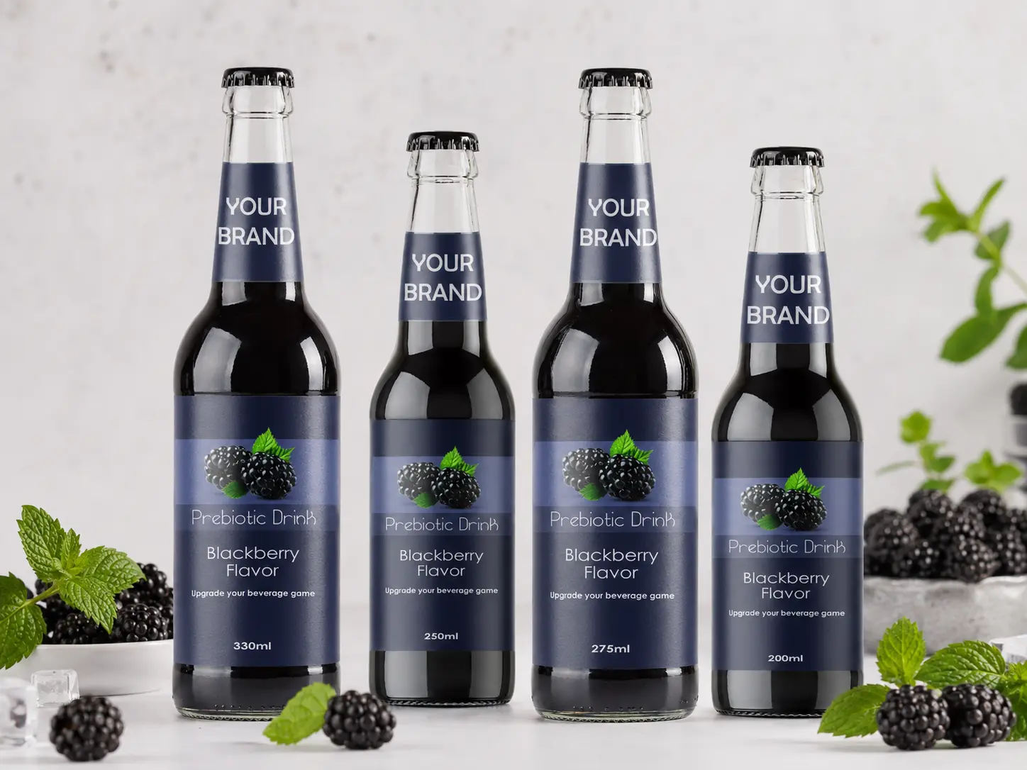 PREBIOTIC DRINK Blackberry Flavor 330ml, 250ml, 275ml and 200ml glass bottles.